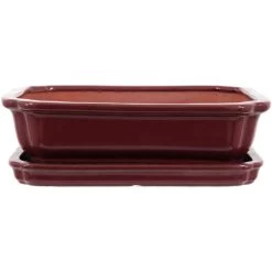 Bonsaischale Mit Untersetzer 26.5x21x7.5cm Weinrot Rechteckig Glasiert