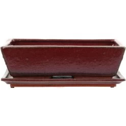 Bonsaischale Mit Untersetzer 27.5x17.5x8cm Rot Rechteckig Glasiert