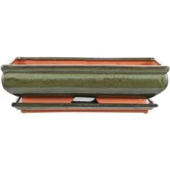 Bonsaischale Mit Untersetzer 33.5x20.5x9cm Grün Rechteckig Glasiert